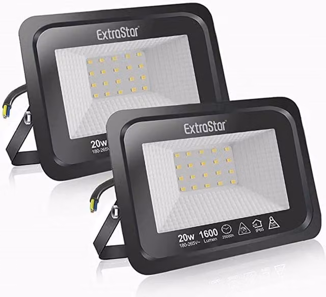 ExtraStar 20W LED Floodlight, 6500K Cool White, IP65 Waterproof, Black Aluminium Adjustable Surface Mount