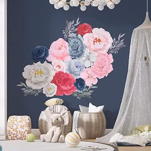 WALPLUS Removable Floral Wall Stickers in Blue and Pink, 18 Piece Botanical Set for Nursery and Kids Bedroom Decor