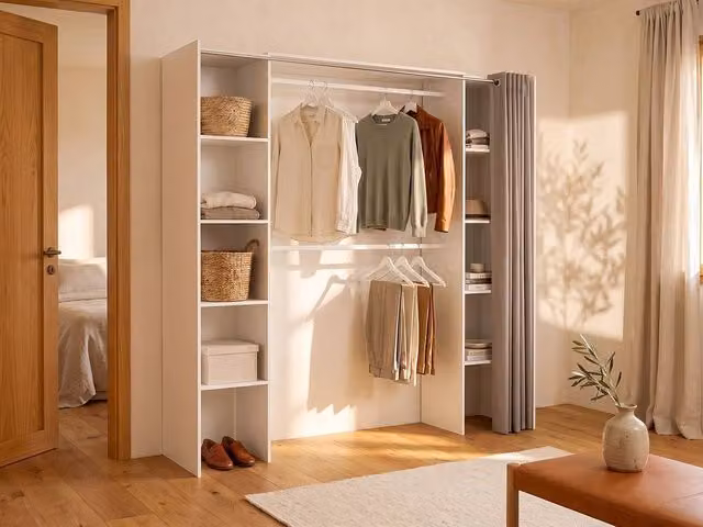Vente-unique Extendable Wardrobe with Curtain in White and Grey, W/D/H: 110 x 50 x 205 cm – 1