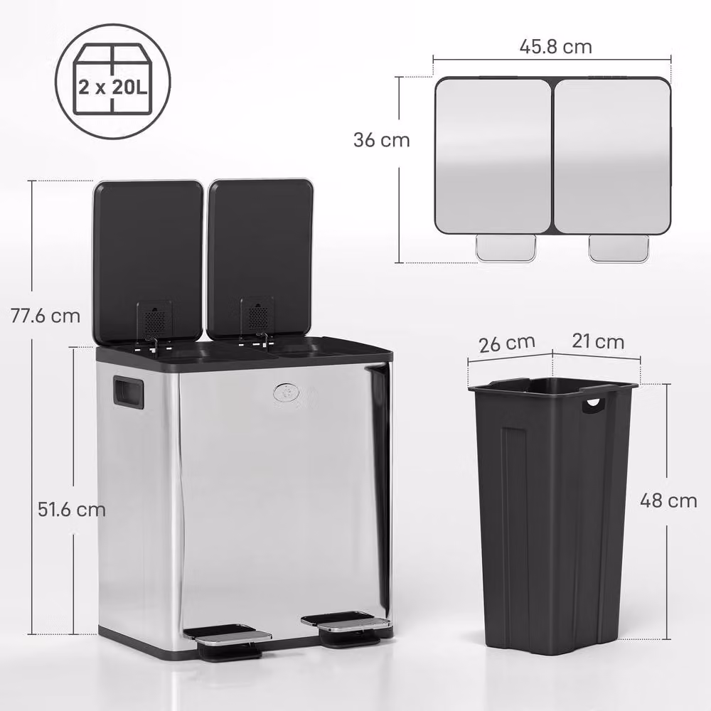 STILVORA 40L Dual Compartment Stainless Steel Kitchen Bin with Pedal Lid in Silver – 3