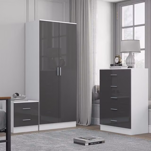 REFLECT Bedroom Furniture Bundle including 2-Door Plain Wardrobe, Chest of Drawers and Bedside Table in Grey Gloss and Matt White