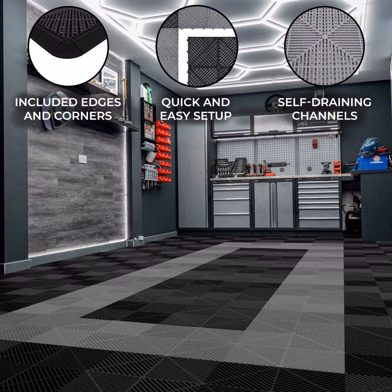 Monstershop Vented Garage Floor Tiles with Edges, Black and Grey Plastic Set – 2