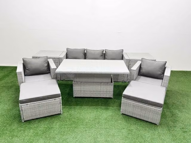 Fimous 8 Piece Rising Dining Table and Chair Set in Light Grey Rattan with Glass and Steel