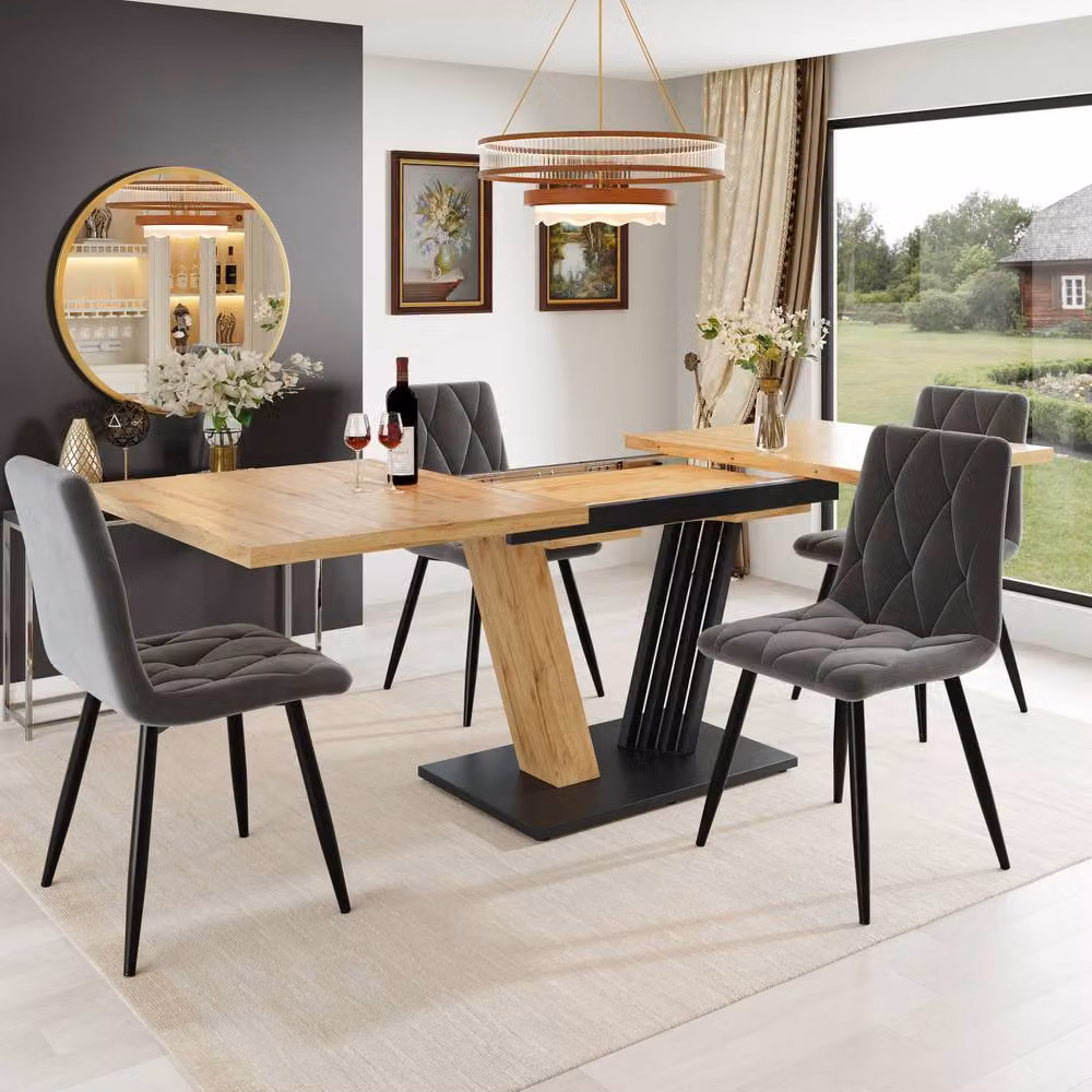 Merax Modern Extendable Dining Table with Telescopic Pull-Out Top and Pedestal Base in Brown – 2