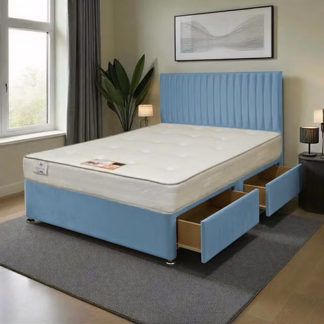 Knight Sleep Emily Plush Small Double Bed Set with Hybrid Mattress and 54 inch Headboard in Sky Blue