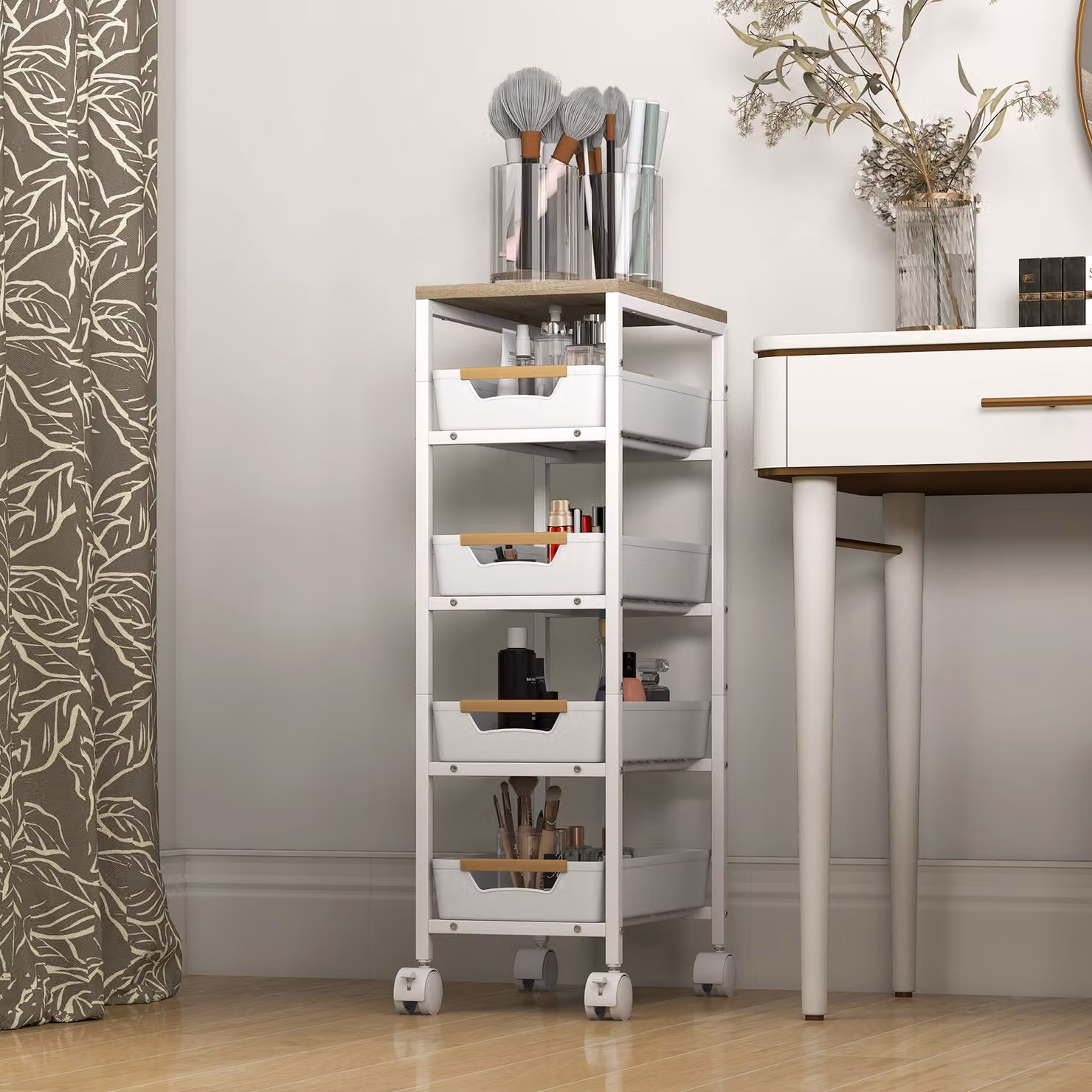 HOMCOM 5-Tier Metal Storage Trolley on Wheels in White – 3