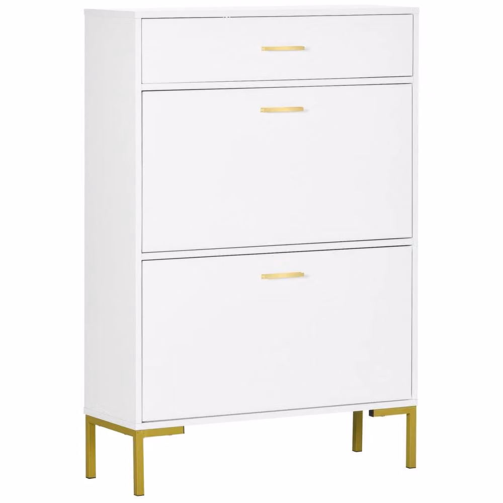 Wyld Haus Suto Slim White Shoe Cabinet with Tilting Compartments and Gold Details, H: 110 cm, W: 76 cm, D: 26 cm – 2