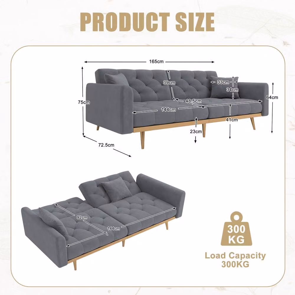 Direct Wicker Modern Grey Velvet Fabric 2-Seater Sofa Bed with Adjustable Headrest and Solid Wood Frame – 2