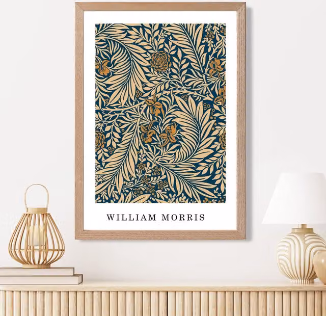 ARTZE Vintage William Morris Larkspur Floral Art Print in Blue and Beige with Oak Wood Frame, A2