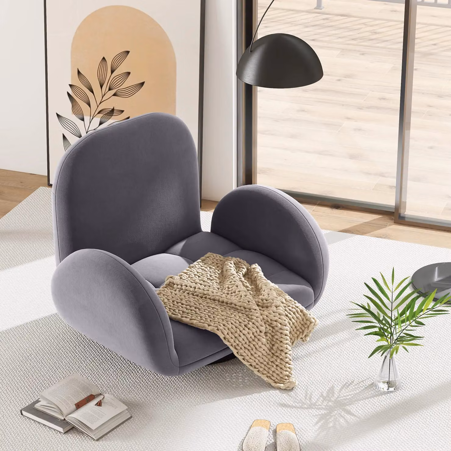 Gymax Grey Swivel Floor Sofa Chair, Adjustable Folding Gaming Recliner with Armrests – 3
