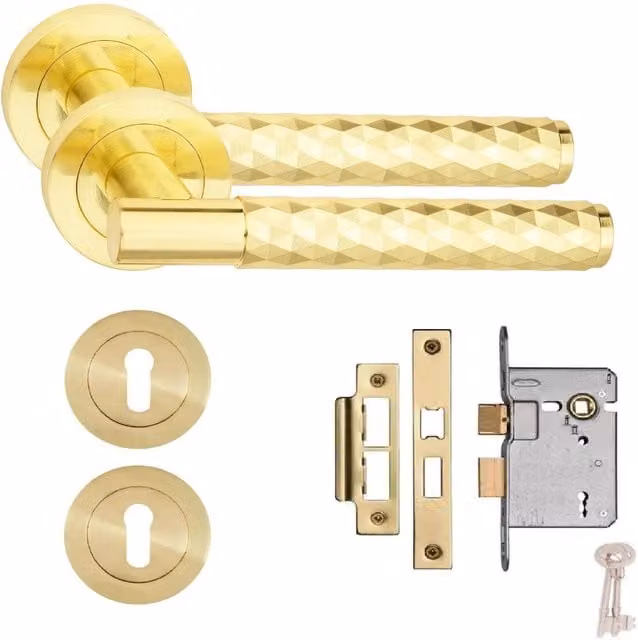 Golden Grace Knurled Diamond Cut T-Bar Door Handle Lock Set with Mortise Lock and Thumbturn in Brass