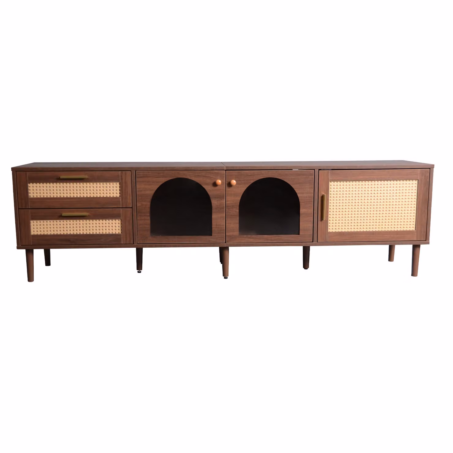 Aosom.UK Brown Wooden TV Stand for 80-Inch TVs with Curved Rattan Drawers, Glass Doors and LED Lighting, W/D/H: 180 x 40 x 50 cm – 2
