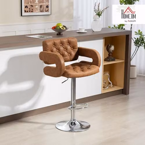 HOMCOM Brown Swivel Bar Stool with Armrests and Adjustable Height in Synthetic Leather – 2