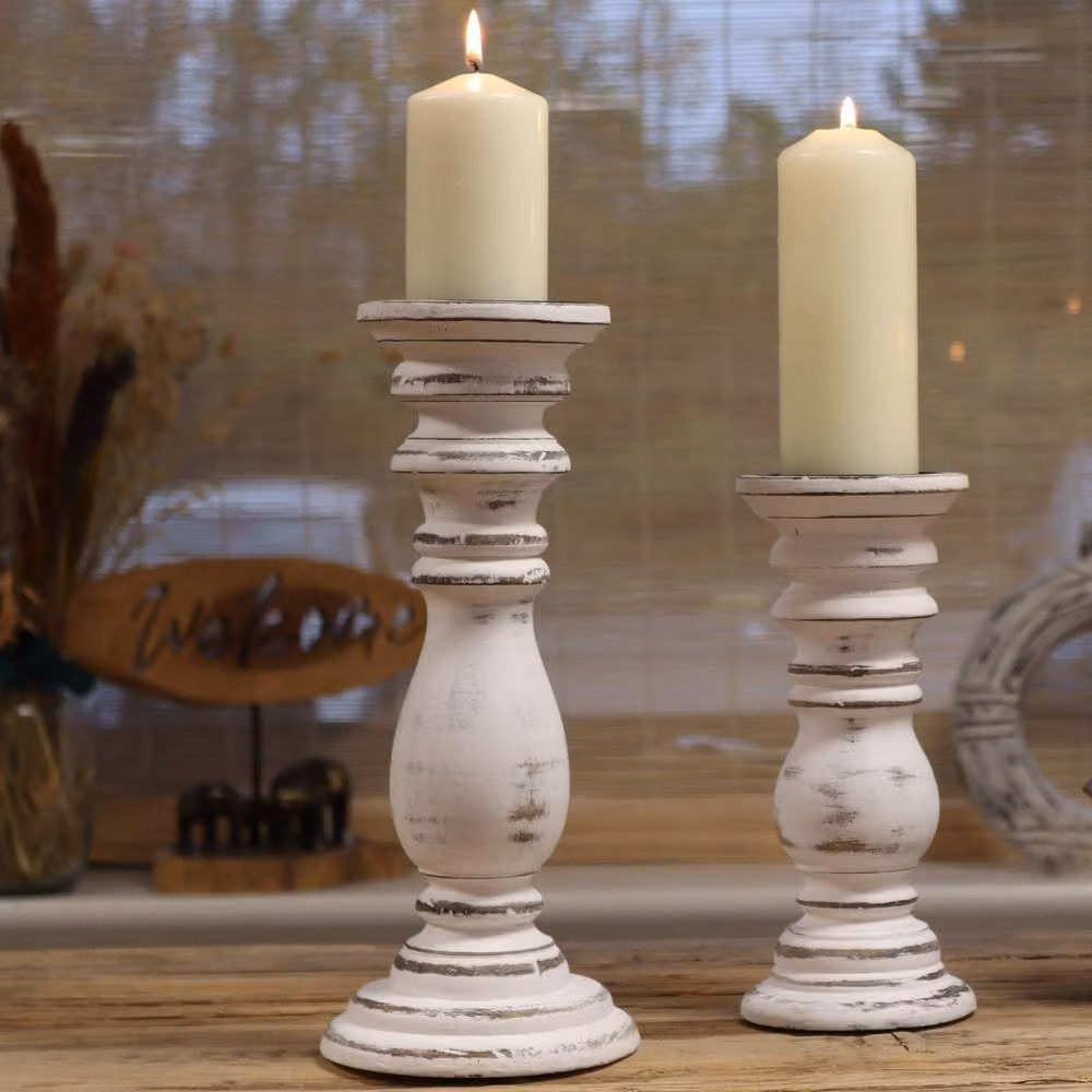 Serenityy Classic Mango Wood Candle Stand, White, Round Tabletop Design – 2