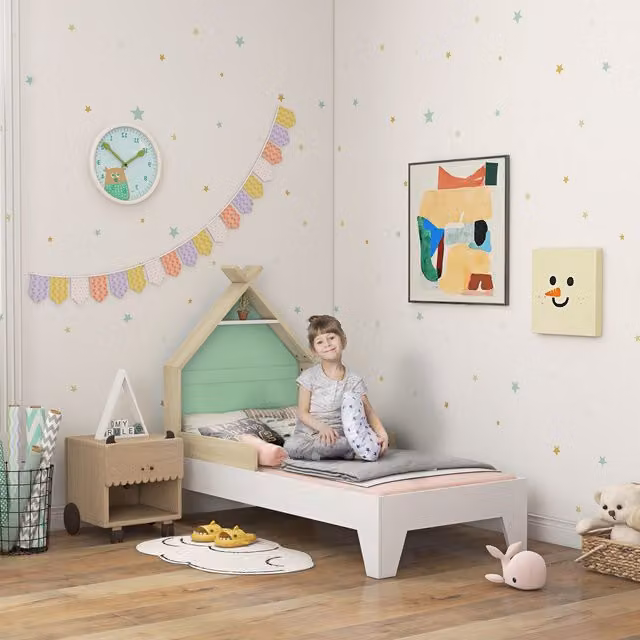 AIYAPLAY Toddler Bed Frame with Guardrails in Green and White