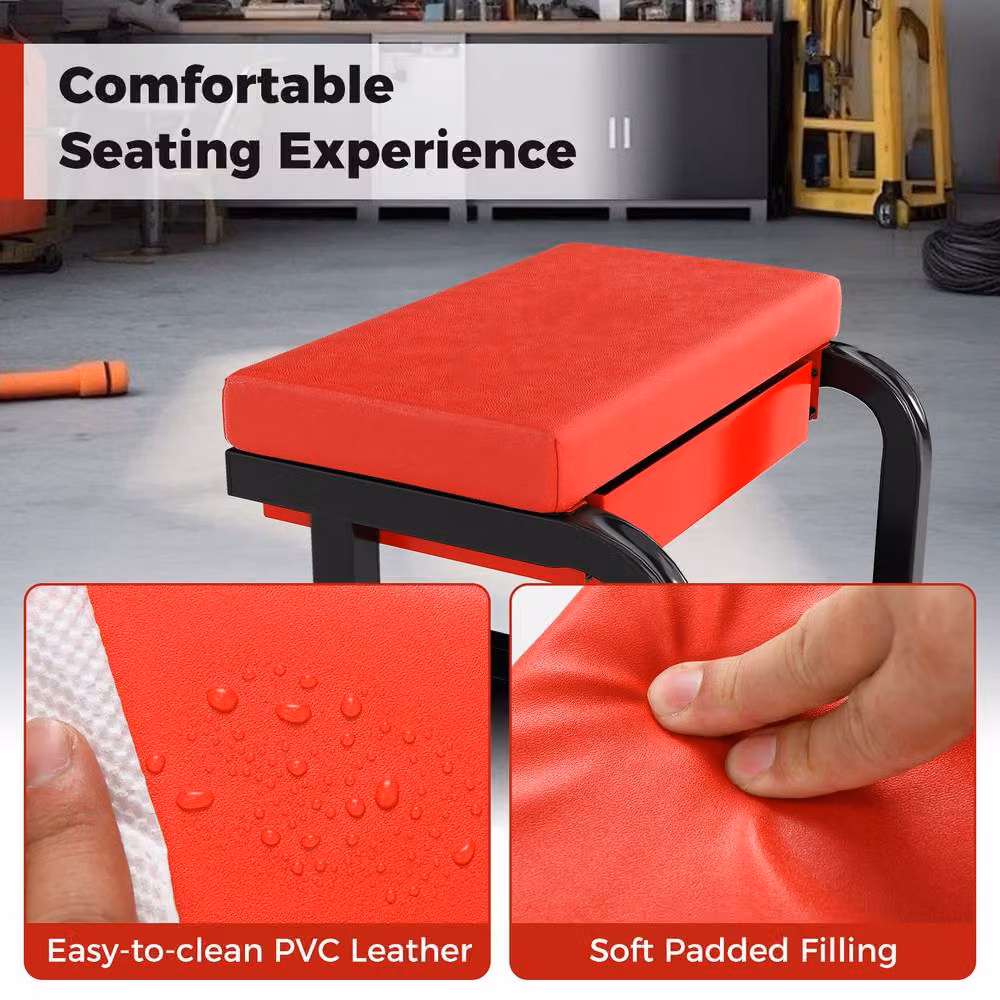 Costway Rolling Workshop Creeper Seat Padded Mechanic Stool with Drawer and Shelf in Red and Multicolour – 5