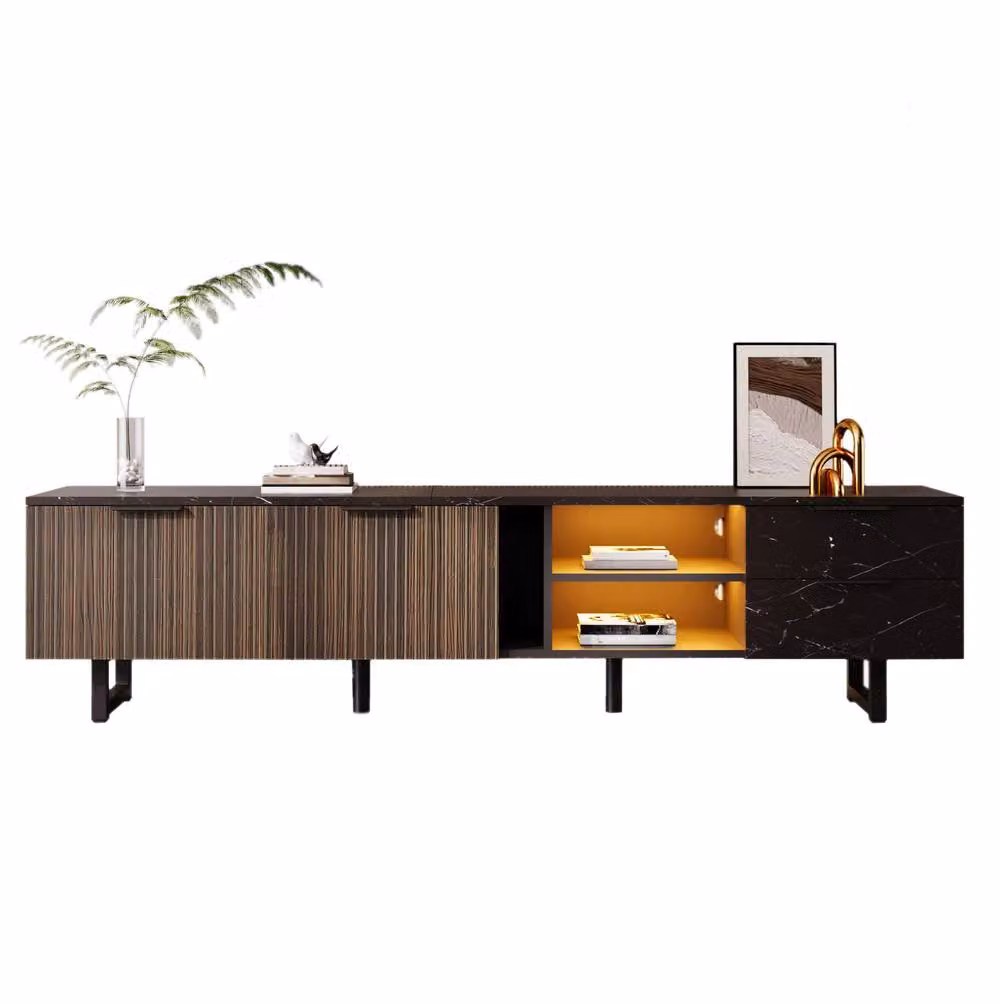 STILVORA Modern Black Matt TV Unit with 2 Doors, 2 Drawers and LED Lighting – 4