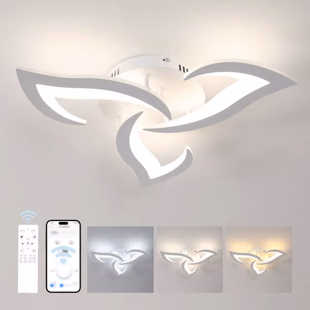 Pheashine Modern White 3-Head LED Ceiling Light, 35W, Dimmable, W/D/H: 52 x 48 x 8 cm