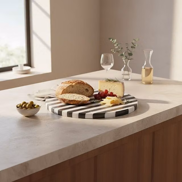 Orsina Soma Round Striped Marble Serving Board in Black, White and Multicolour – 1