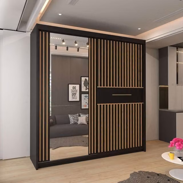 Clothify Single Mirror Sliding Door Wardrobe in Black, W: 150 cm, H: 217 cm – 1