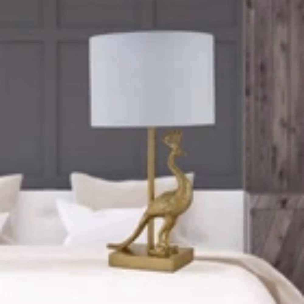 Havendro Gold and White Peacock Retro Table Lamp with Fabric Cylinder Shade – 2