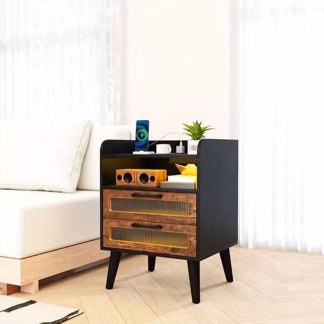 Costway Modern Black Bedside Table with Integrated Lighting and Metal Accents