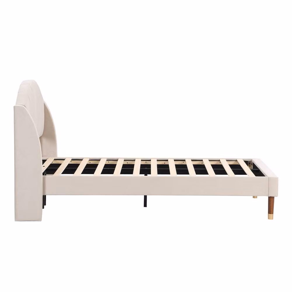 BTM Beige Velvet Upholstered Single Bed with Headboard W/D/H: 90 x 190 x 108 cm – 3
