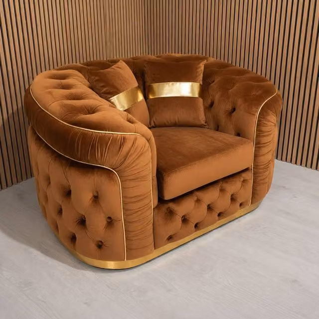 Stratus Interiors Ambassador Chesterfield Sofa in Tan Plush Velvet with Gold Trim