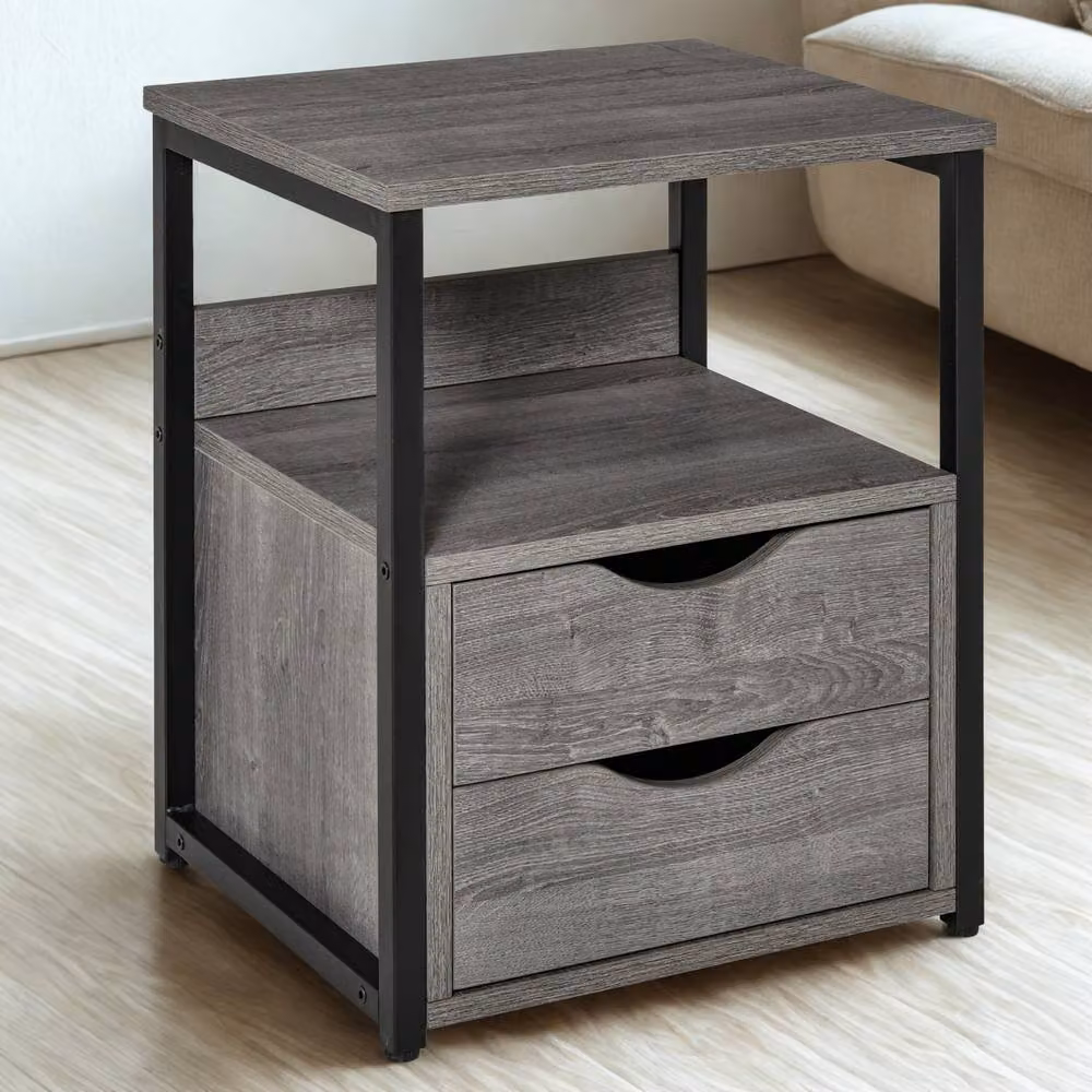 Pirlo Plush Industrial Bedside Table with 2 Drawers and Shelf, Grey and Black – 2