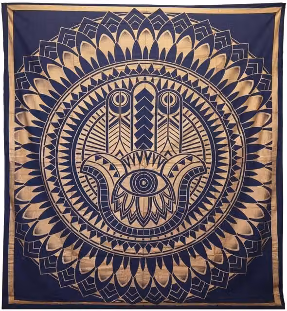KDMD Hamsa Blue and Gold Double Cotton Bedspread and Wall Hanging Set