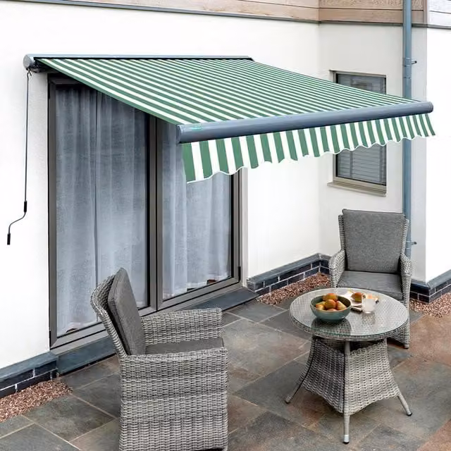 Primrose Electric Motorised Patio Awning with Full Cassette in Charcoal Green and White Stripe