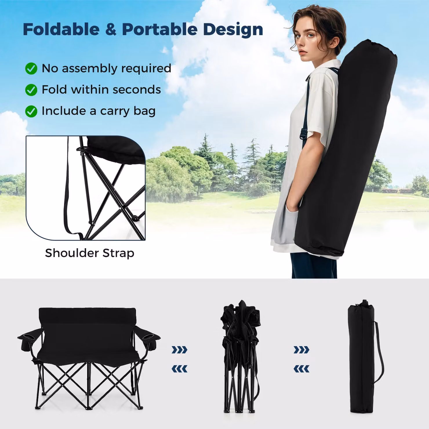 Gymax Oversized Double Camping Chair for 2 Adults in Black with Armrests and Cup Holders – 4