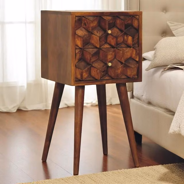 Aosom UK Solid Mango Wood Mini Cube Bedside Table with 2 Drawers, Brown, W/D/H: 31 x 30 x 62 cm