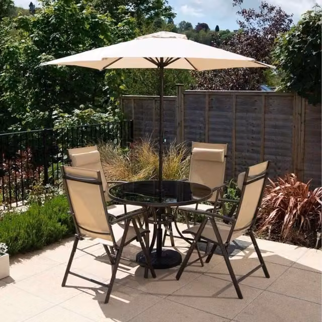 Hectare 4 Seater Polytex Reclining Dining Set with Tempered Glass Table and Parasol in Grey and Beige