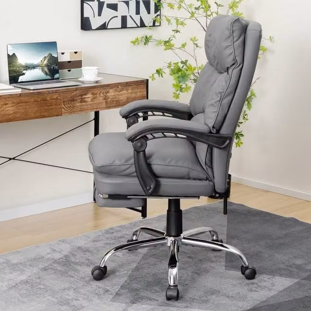 Costway Modern Grey Synthetic Leather Office Chair with Retractable Footrest and Headrest