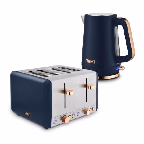 Tower Cavaletto 1.7L Rapid Boil Jug Kettle and 4 Slice Toaster Bundle in Midnight Blue with Rose Gold Accents – 6