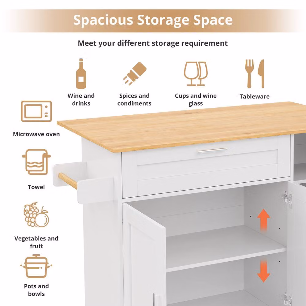 Rolipo Large Oak Mobile Kitchen Island Cart with Drop Leaf and Spice Rack in White – 2