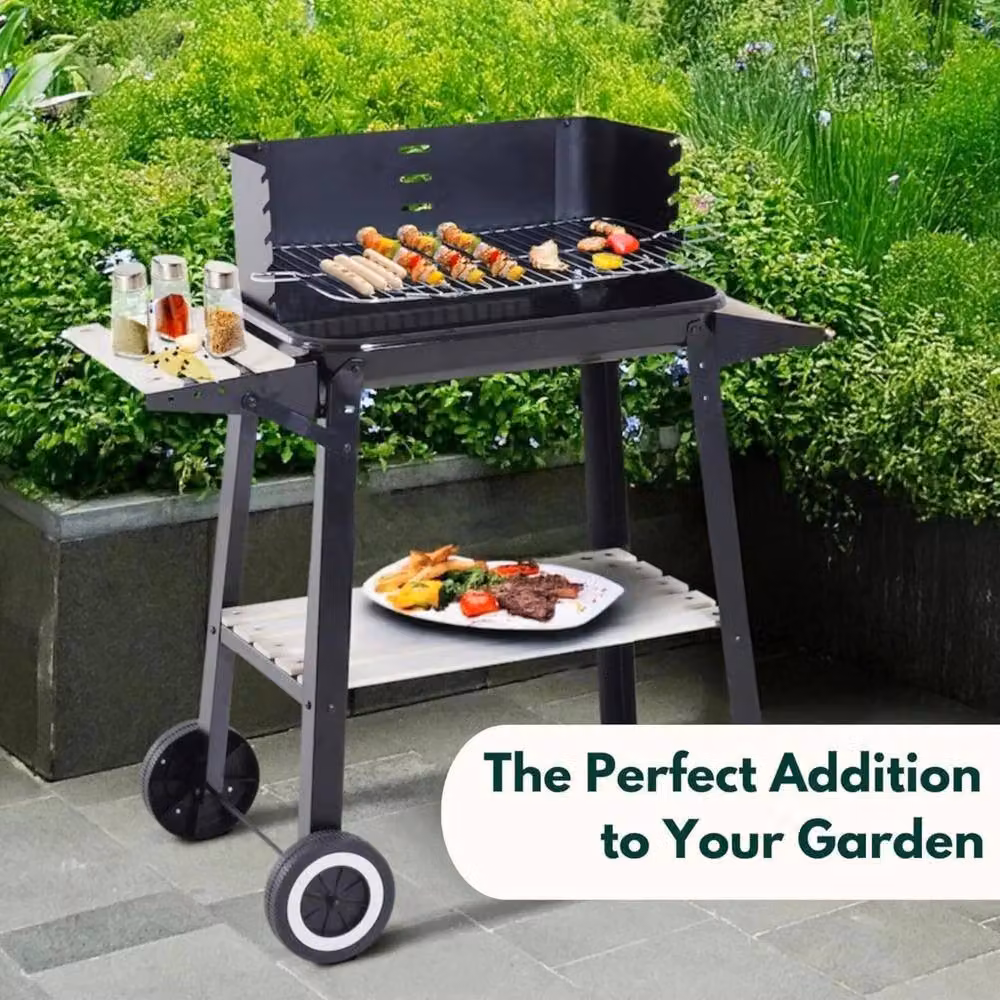 Marco Paul Garden Charcoal BBQ Grill with Wooden Shelf and Wheels in Black – 3