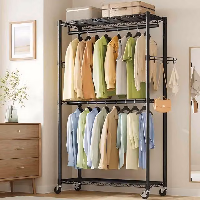The Bazaarist Mobile Clothes Rack with Shelves, Rails and Hooks in Matt Ink Black