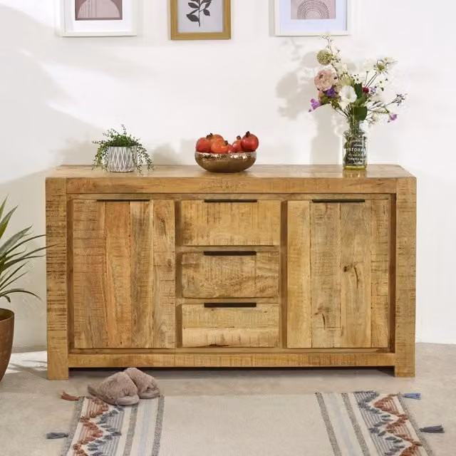 IH Design Merlin Rustic Mango Wood Large Sideboard with 2 Doors and 3 Drawers, Brown