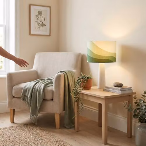 Happy Homewares Modern Green Linen Fabric Drum Lamp Shade with Wavy Design, Diameter: 30 cm – 2
