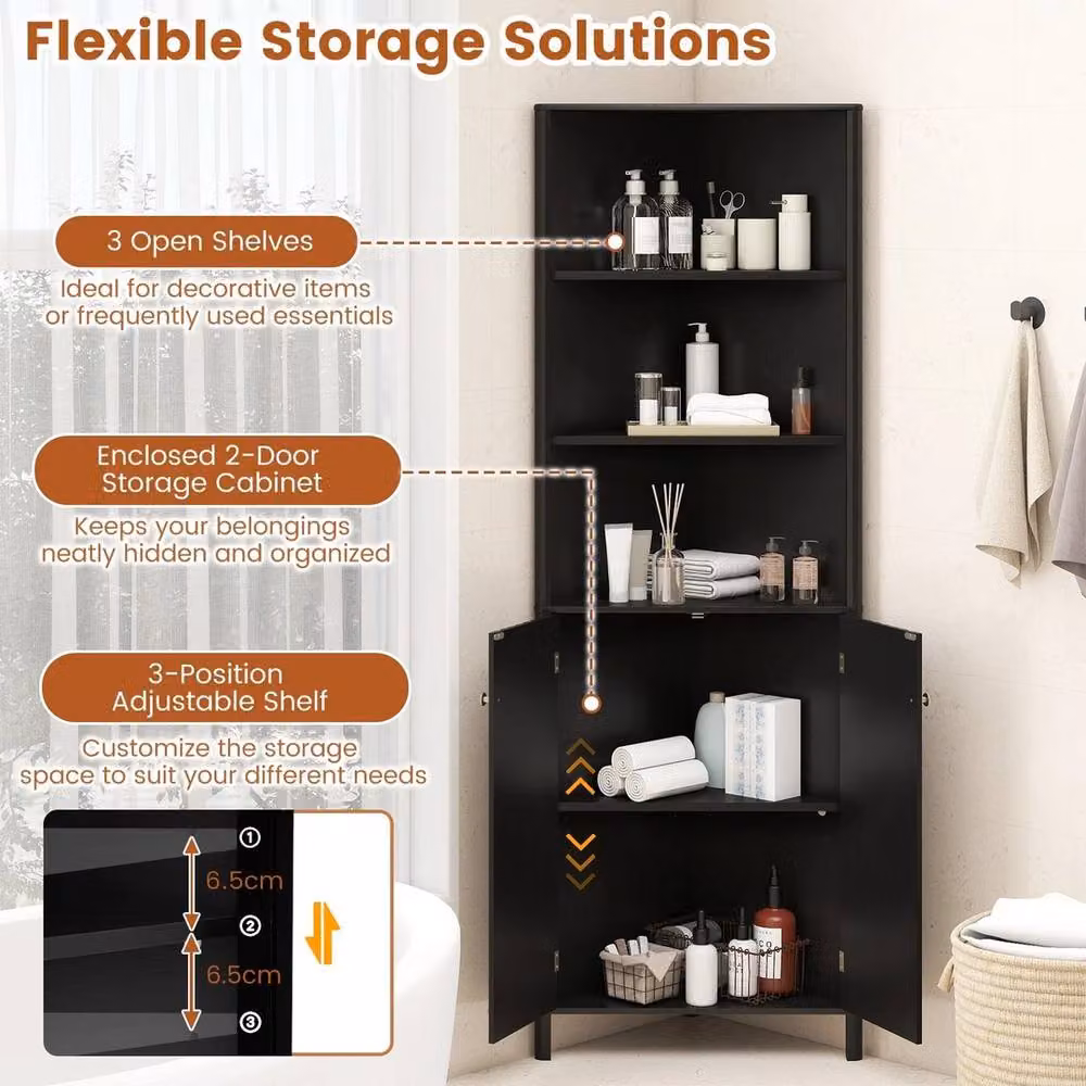 FORGEVIO Modern Tall Corner Storage Cabinet in Black with Hinged Doors and Open Shelf, Height: 172 cm – 3