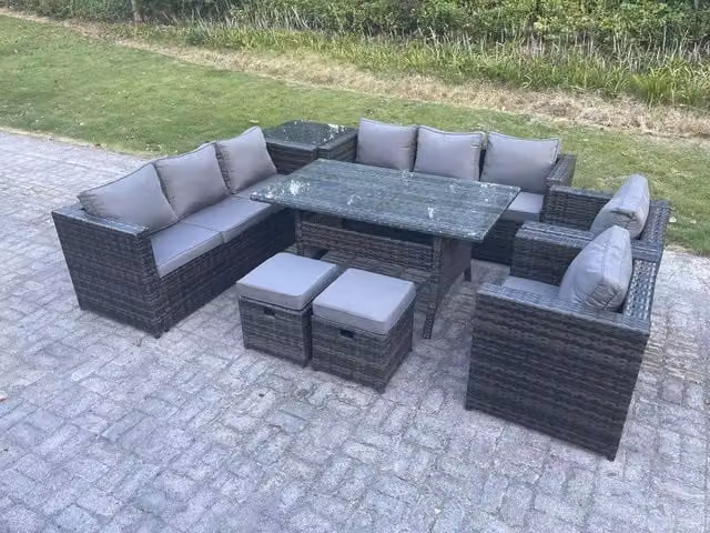 Fimous 10 Seater Rattan Garden Furniture Set with Dining Table, 2 Armchairs, Side Table and 2 Stools in Dark Grey