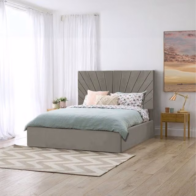Desire Deco Sunrise Storage Bed in Grey Velvet Fabric, W/D/H: 120 x 200 cm