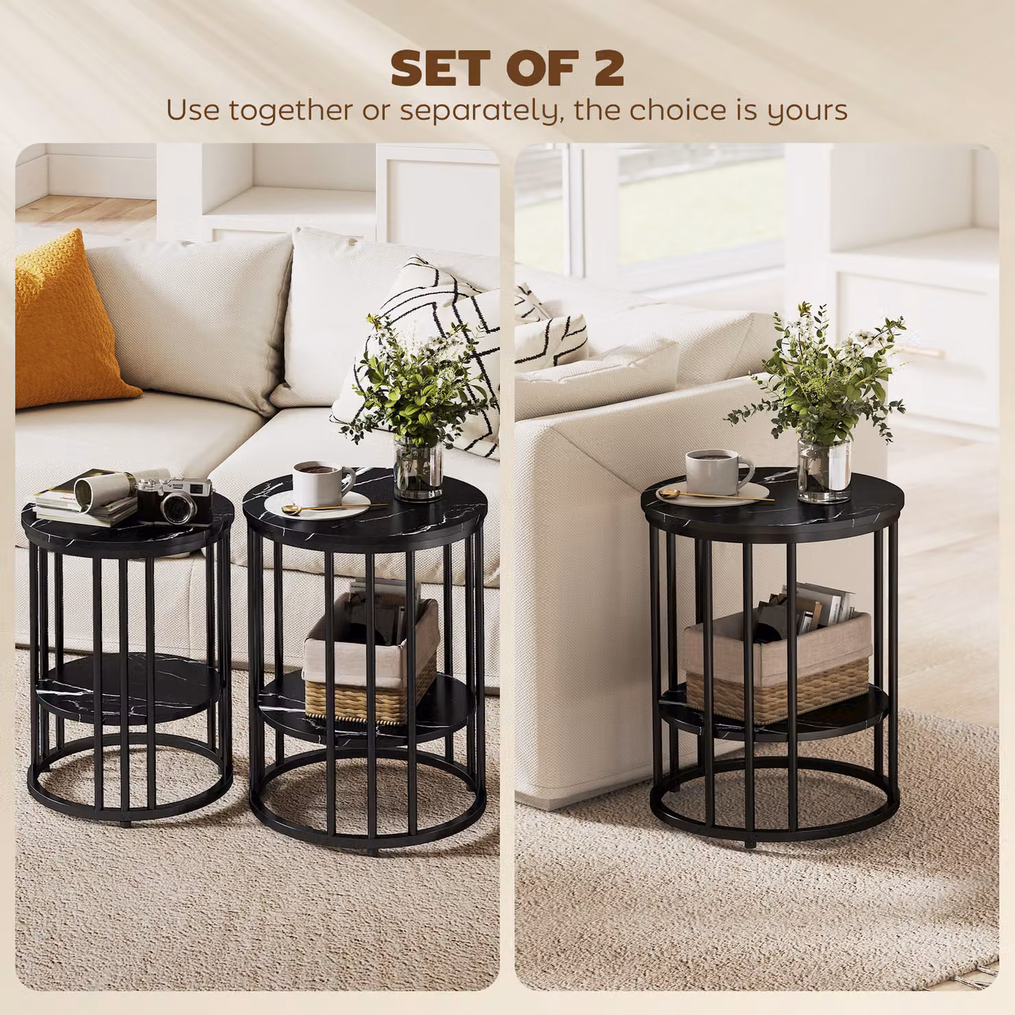 HOMCOM Set of Two Black Marble-Effect Round Coffee Tables with Metal Legs – 5