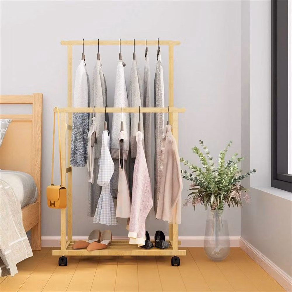 KORVIXA Double Rod Bamboo Clothes Rail in Brown, W/D/H: 160 x 40 x 40 cm – 2