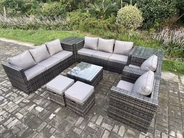 Fimous 10 Seater Outdoor Rattan Garden Furniture Set in Dark Grey with U-Shape Sofa, 2 Armchairs, Square Coffee Table and 2 Side Tables
