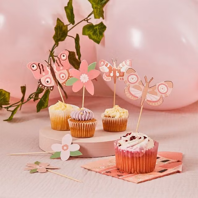 Hootyballoo Flower and Butterfly Food Picks Cake Topper Partyware, Multicolour, Pack of 12 – 1