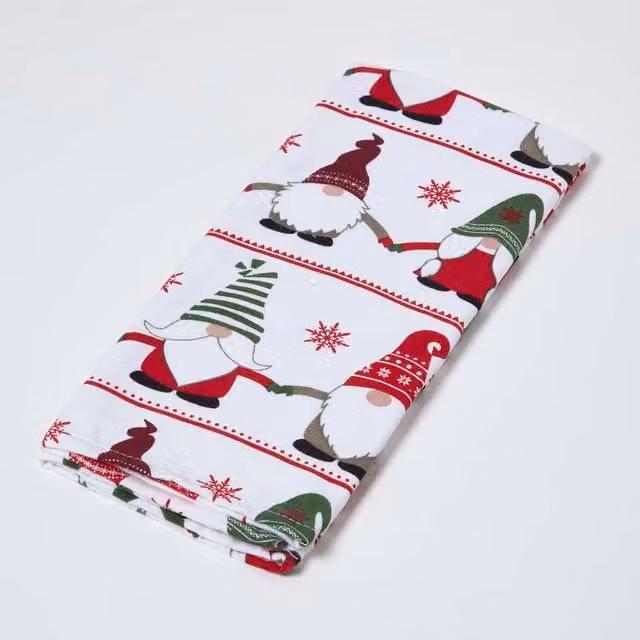 Homescapes Graphic Cotton Tea Towel in Green, Red and Multicolour