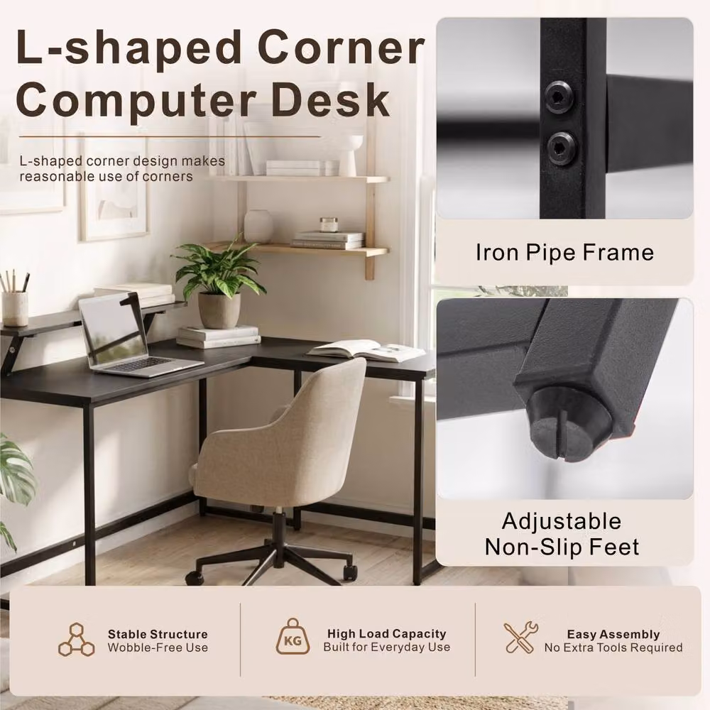 Abrihome L-Shaped Corner Office Computer Desk in Black Industrial Rustic Style – 4